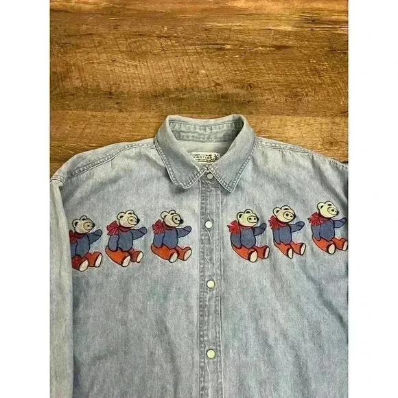 Vtg 80's Whistles Pearl Snap Denim Button Up Shirt Bear Embroidered Size M - Picture 2 of 12